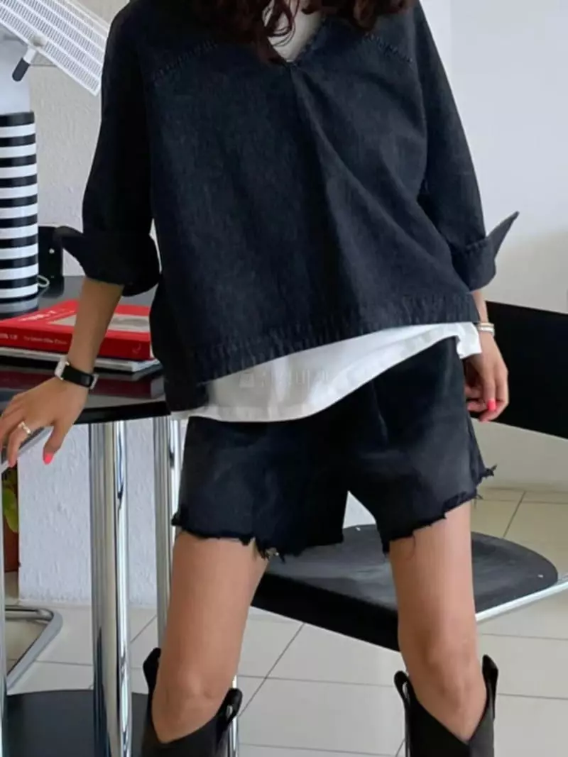 Paris Match - Korean Women Fashion - #momslook - V Denim Shirt - 4
