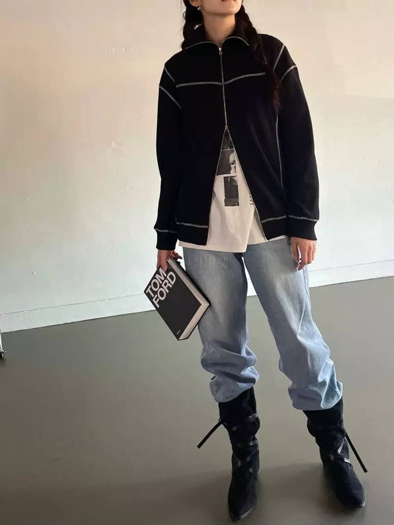 Rooof - Korean Women Fashion - #momslook - Waffle Zip-up - 4
