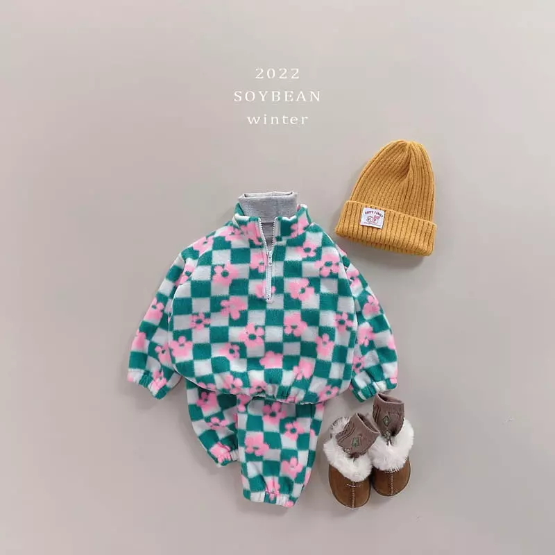 Soybean - Korean Children Fashion - #discoveringself - Checker Fleece Top Bottom Set