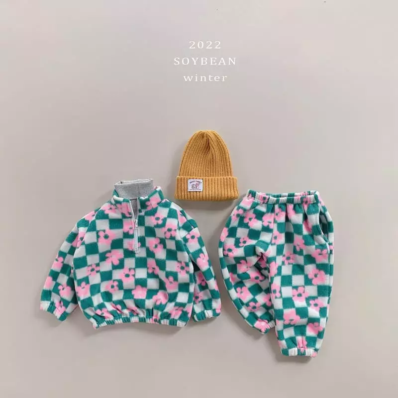 Soybean - Korean Children Fashion - #kidsshorts - Checker Fleece Top Bottom Set - 3