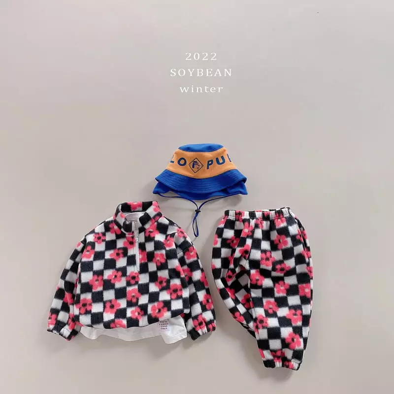 Soybean - Korean Children Fashion - #kidsshorts - Checker Fleece Top Bottom Set - 4