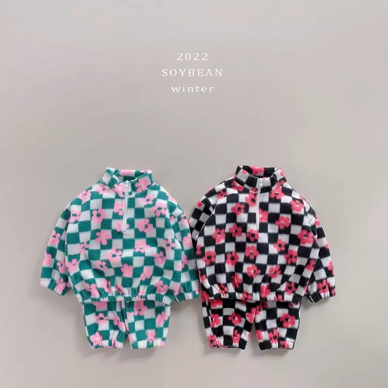 Soybean - Korean Children Fashion - #kidzfashiontrend - Checker Fleece Top Bottom Set - 5