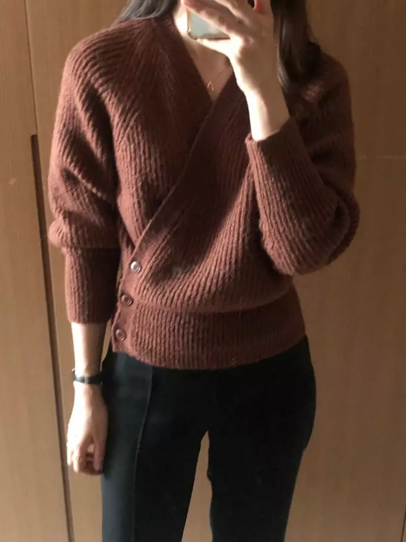 Atthismoment - Korean Women Fashion - #momslook - Button Wrap Knit Tee
