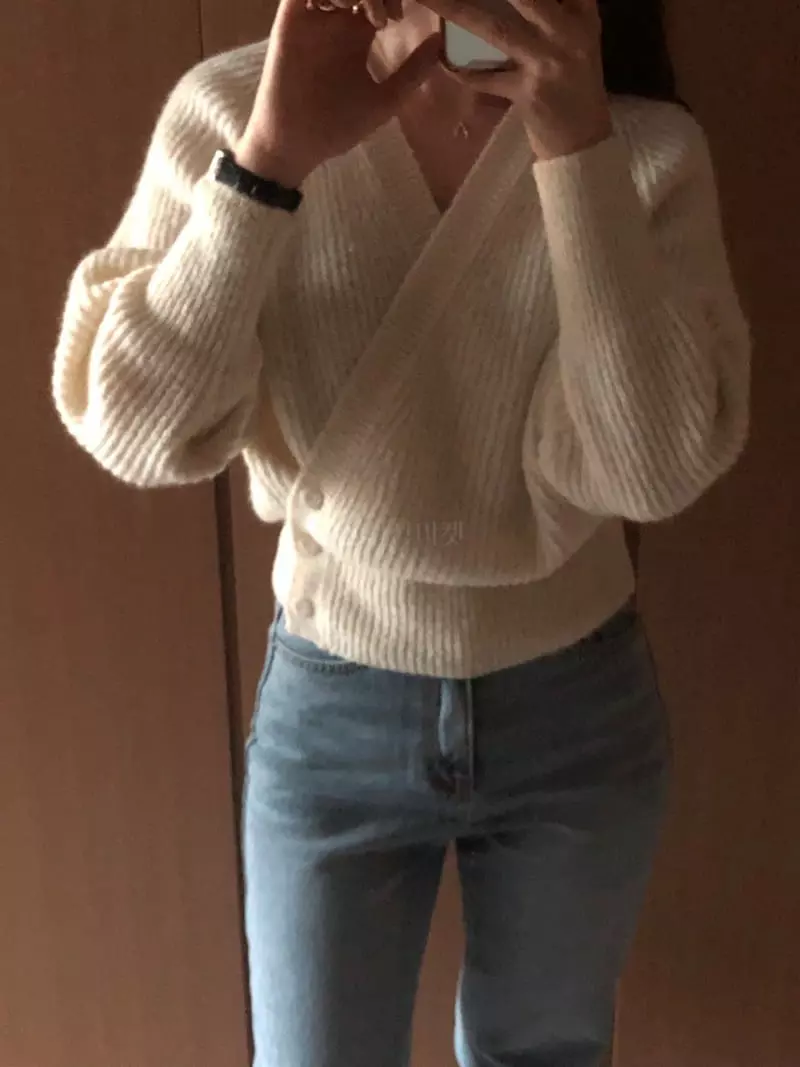 Atthismoment - Korean Women Fashion - #momslook - Button Wrap Knit Tee - 3