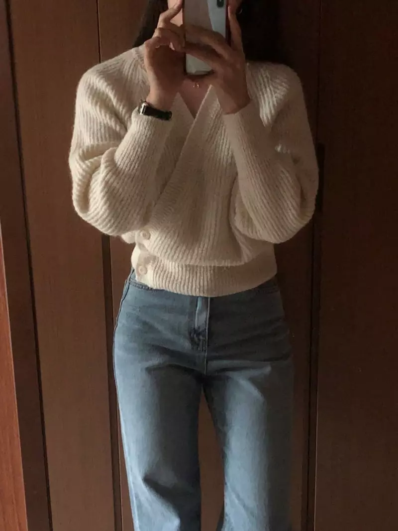 Atthismoment - Korean Women Fashion - #momslook - Button Wrap Knit Tee - 5