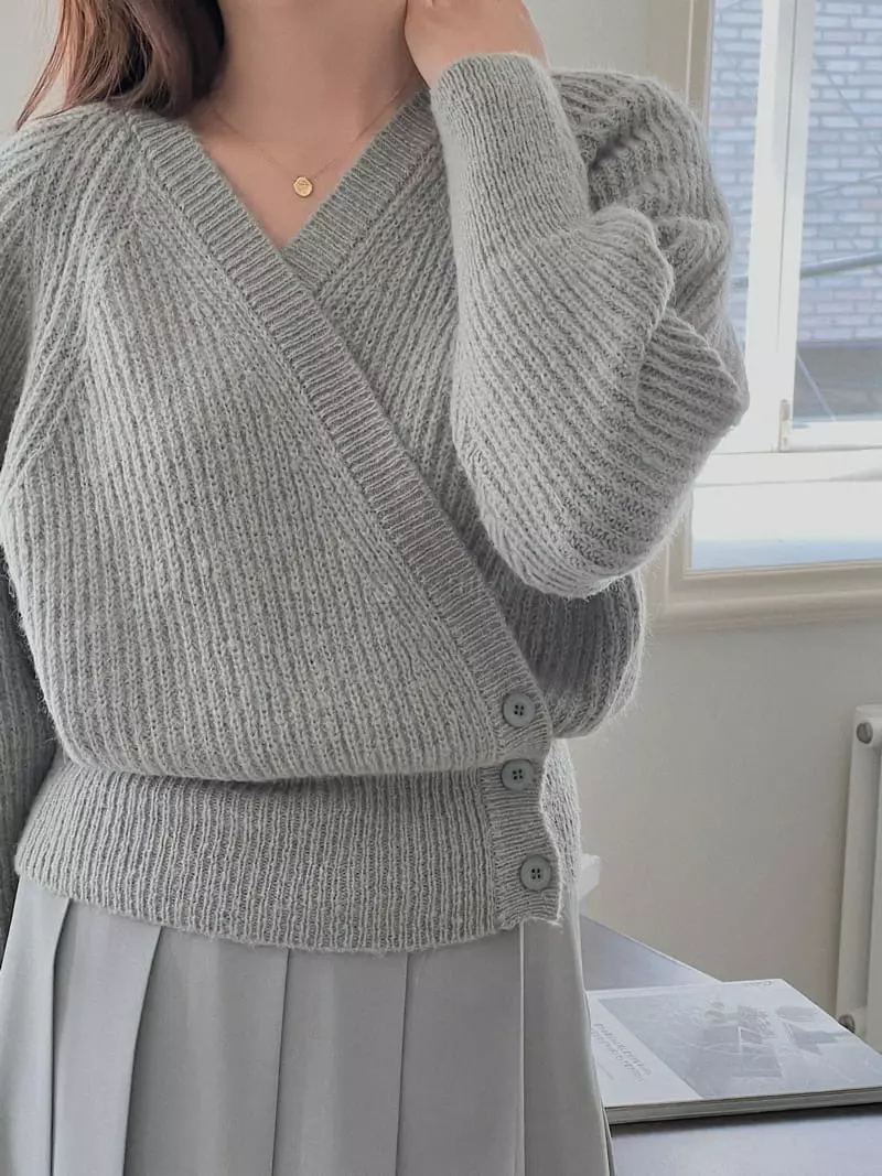 Atthismoment - Korean Women Fashion - #womensfashion - Button Wrap Knit Tee