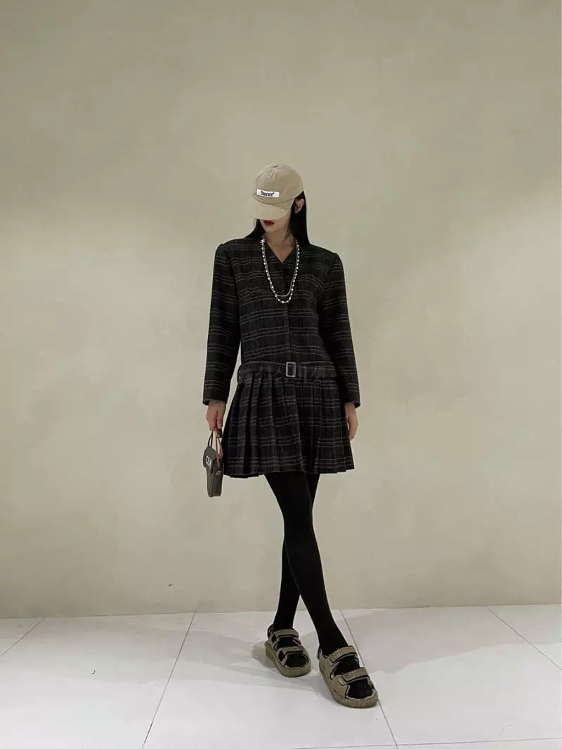 Auver_Fit - Korean Women Fashion - #momslook - Check Wrinkle One-piece - 5