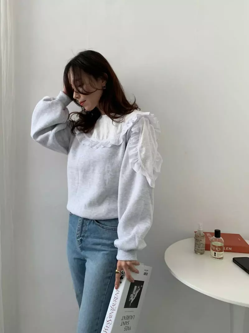 Auver_Fit - Korean Women Fashion - #momslook - Lace Frill Sweatshirt - 2