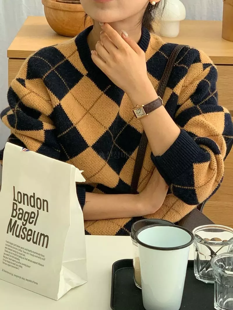 Baking Powder - Korean Women Fashion - #vintageinspired - Argyle Knit Tee - 7