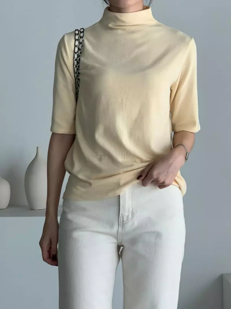 Baribari - Korean Women Fashion - #momslook - Short Sleeve Turtleneck Tee - 8