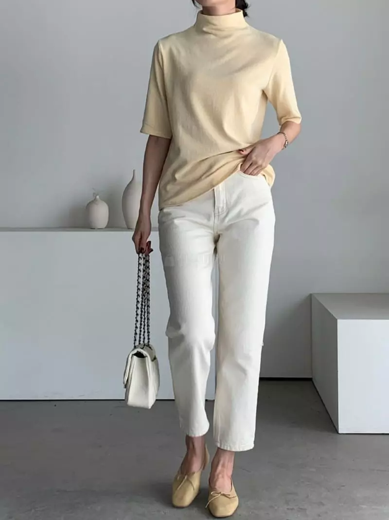 Baribari - Korean Women Fashion - #vintageinspired - Short Sleeve Turtleneck Tee - 10