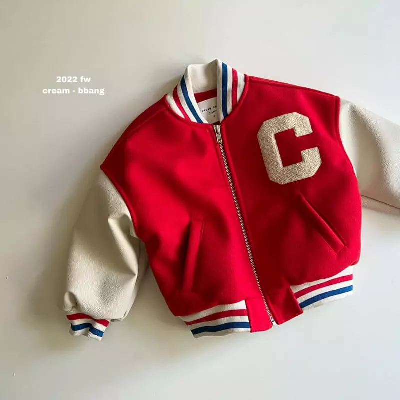 Cream Bbang - Korean Children Fashion - #stylishchildhood - Leather Color Baseball Jumper - 5