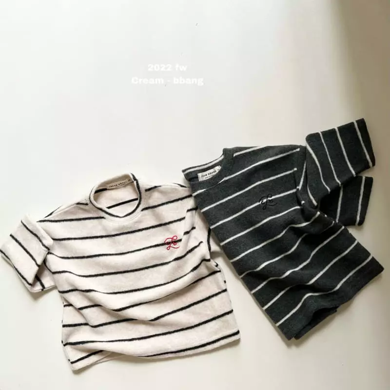 Cream Bbang - Korean Children Fashion - #toddlerclothing - Fleece Stripes Embrodiery Tee