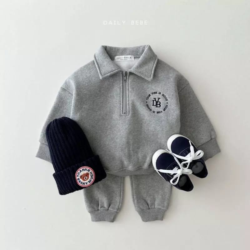 Daily Bebe - Korean Children Fashion - #kidzfashiontrend - Collar Half Zip-up Top Bottom Set - 2
