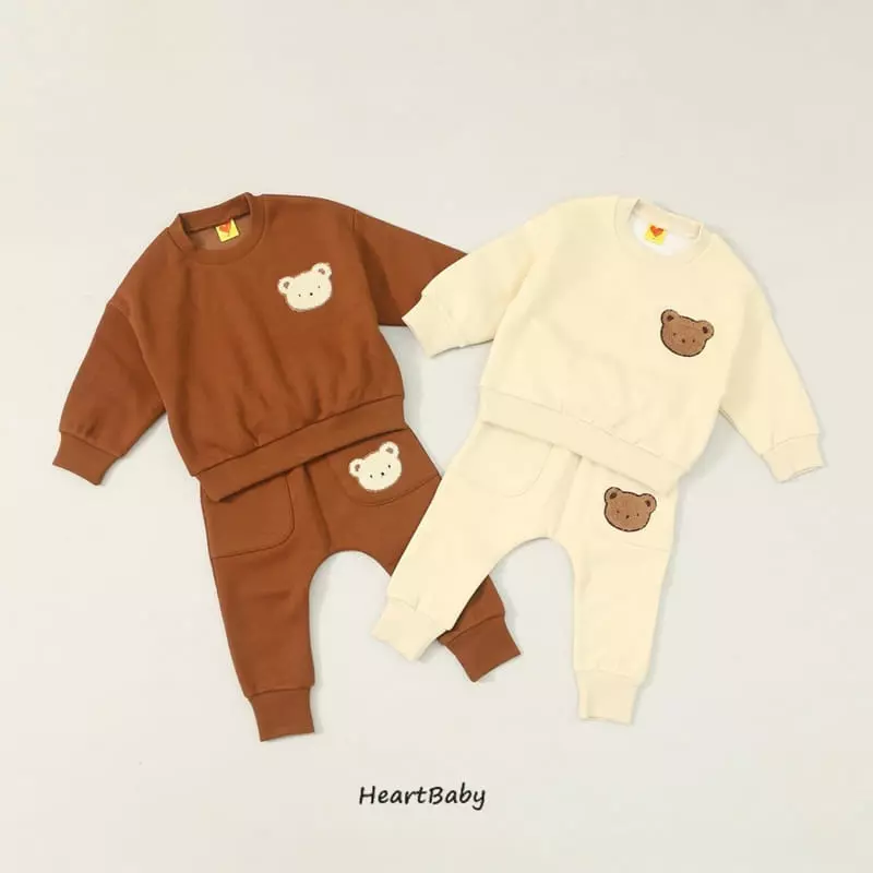 Heart Baby - Korean Children Fashion - #kidsshorts - Bear Embrodiery Top Bottom Set