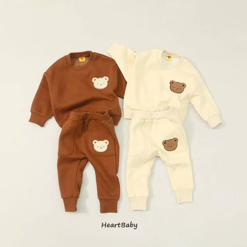 Heart Baby - Korean Children Fashion - #kidzfashiontrend - Bear Embrodiery Top Bottom Set - 3