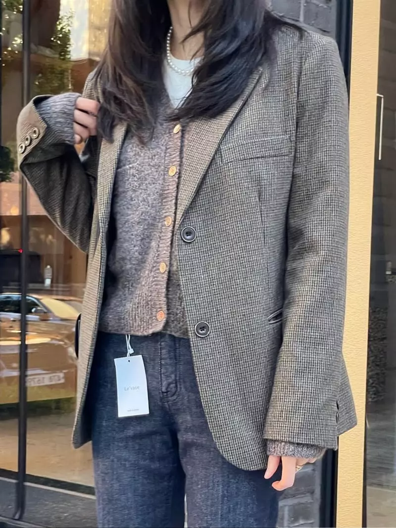 Levase - Korean Women Fashion - #momslook - Check Jacket - 4