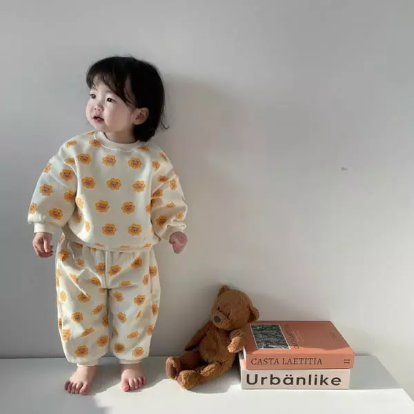 Moran - Korean Children Fashion - #fashionkids - Bear Flower Top Bottom Set - 2