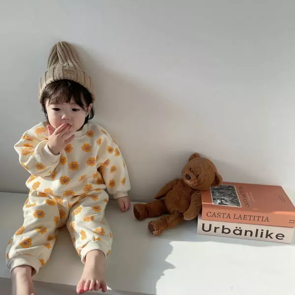 Moran - Korean Children Fashion - #kidsshorts - Bear Flower Top Bottom Set - 4