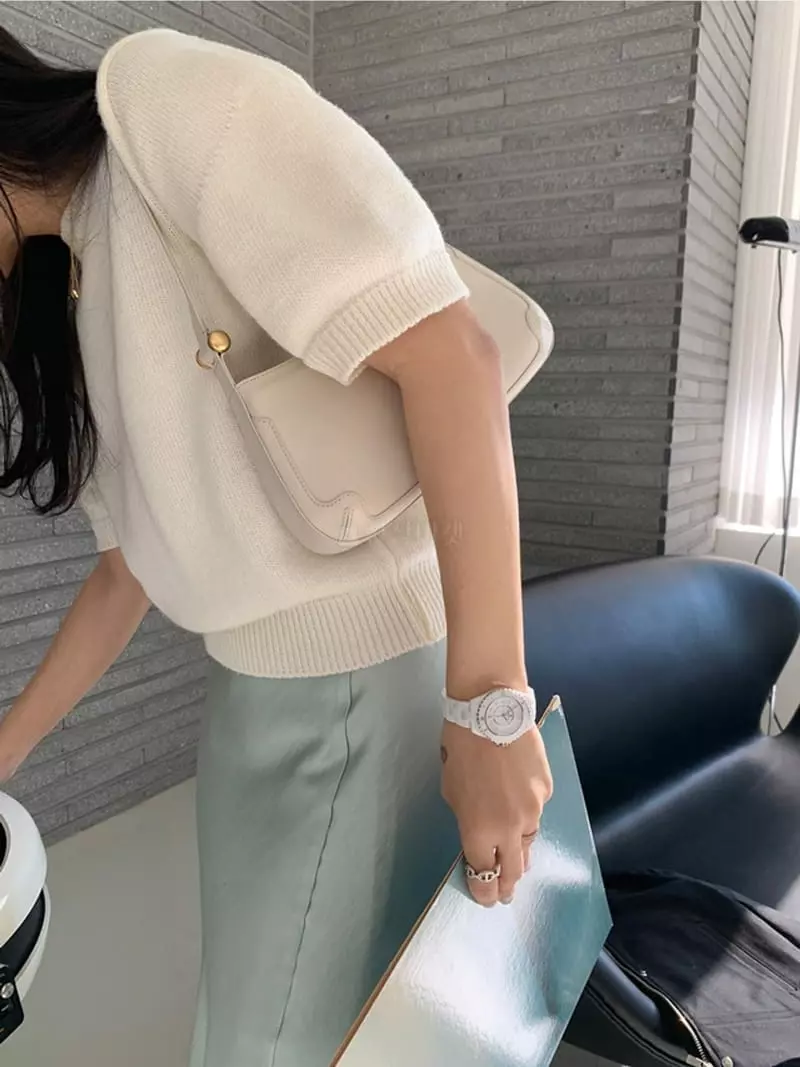 Ripple - Korean Women Fashion - #momslook - Cream Knit Tee