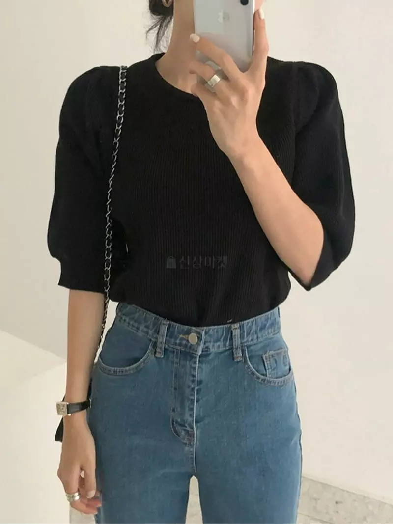 Ripple - Korean Women Fashion - #momslook - Big Puff Knit Tee - 2