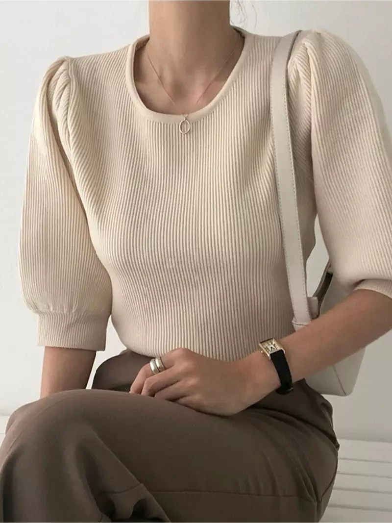 Ripple - Korean Women Fashion - #womensfashion - Big Puff Knit Tee - 3