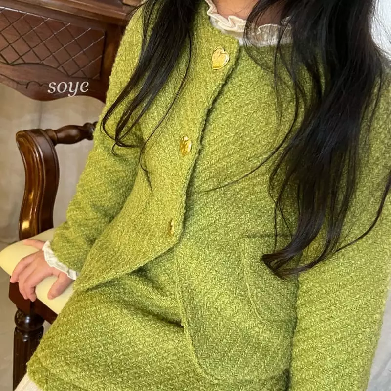 Soye - Korean Children Fashion - #designkidswear - Love Me Twid Yellowish Green Top Bottom Set - 2