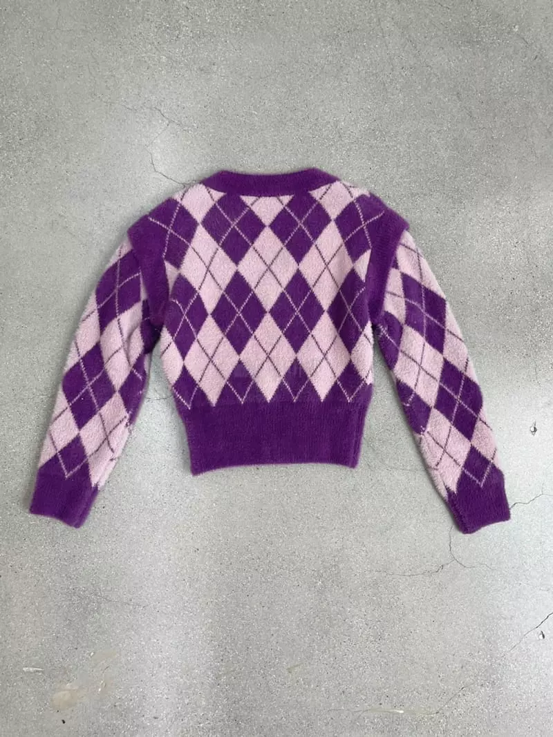 Gracia - Korean Women Fashion - #womensfashion - Argyle V Neck Knit Tee - 11