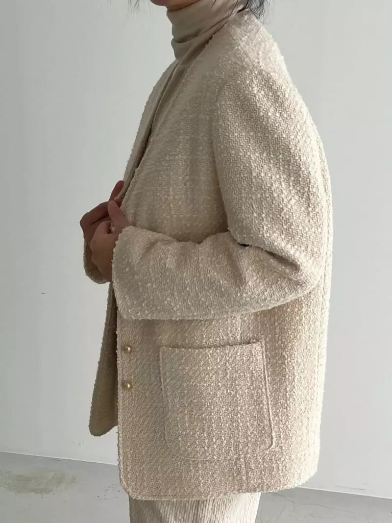 Hoper - Korean Women Fashion - #momslook - Padding Buckle Twid No Collar Jacket