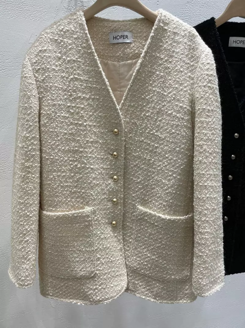 Hoper - Korean Women Fashion - #pursuepretty - Padding Buckle Twid No Collar Jacket - 6