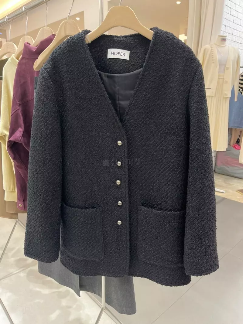 Hoper - Korean Women Fashion - #restrostyle - Padding Buckle Twid No Collar Jacket - 7