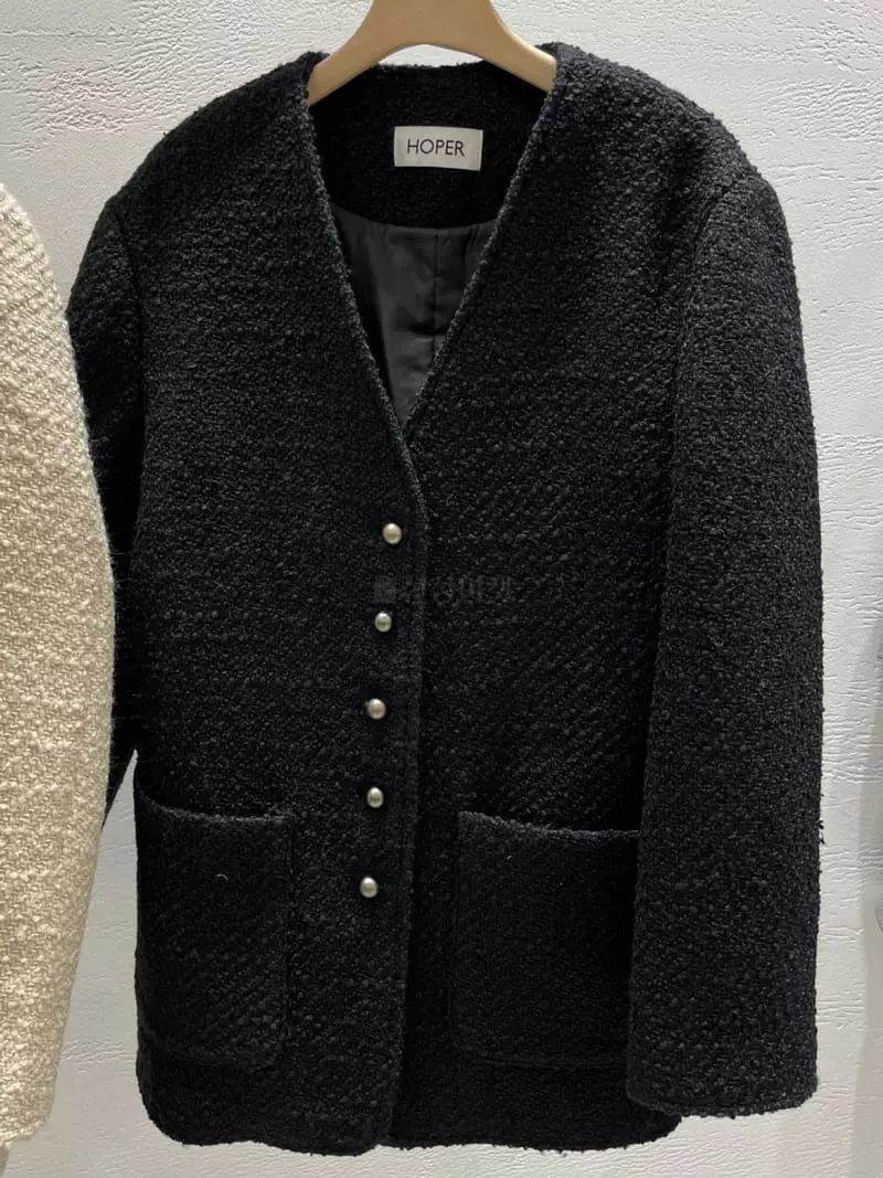 Hoper - Korean Women Fashion - #romanticstyle - Padding Buckle Twid No Collar Jacket - 8