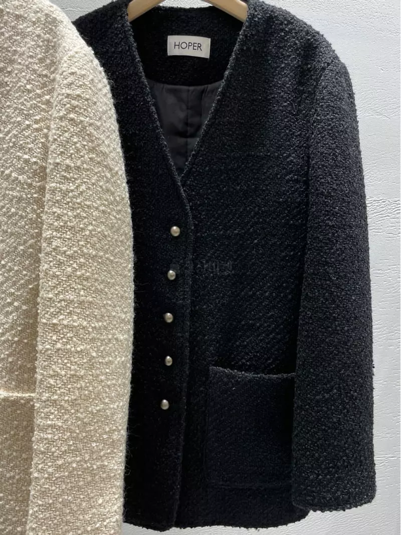 Hoper - Korean Women Fashion - #shopsmall - Padding Buckle Twid No Collar Jacket - 9