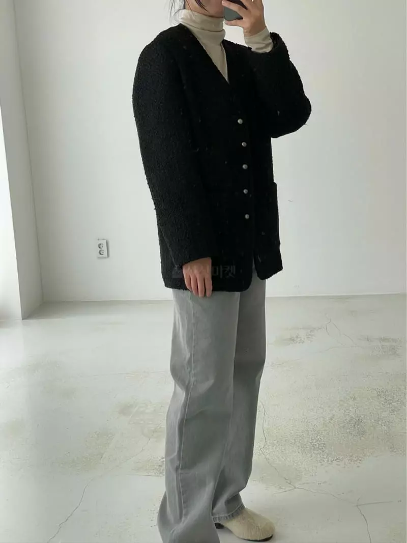 Hoper - Korean Women Fashion - #womensfashion - Padding Buckle Twid No Collar Jacket - 4