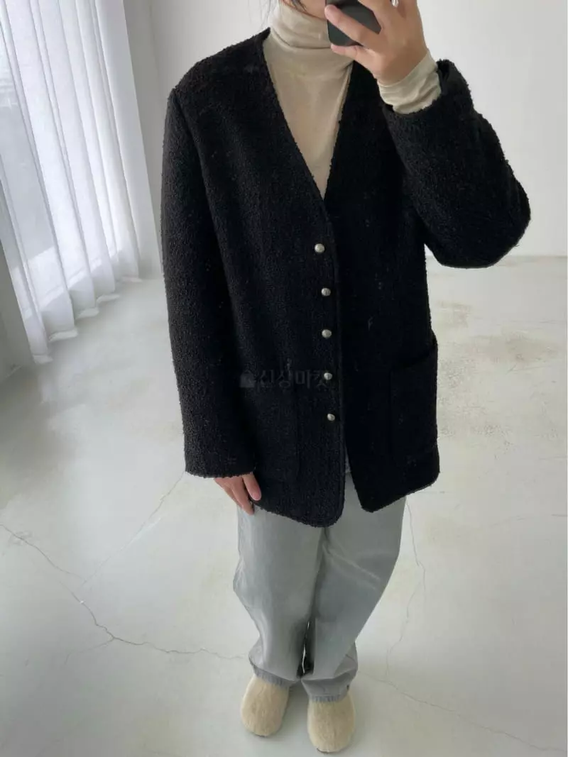 Hoper - Korean Women Fashion - #womensfashion - Padding Buckle Twid No Collar Jacket - 3