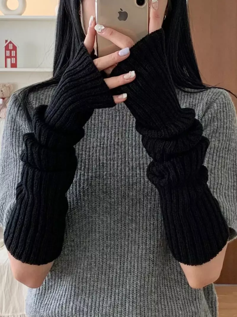 Lemei - Korean Women Fashion - #momslook - H079 Rib Long Gloves - 4